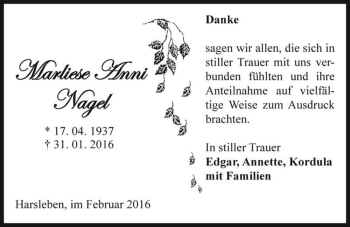 Traueranzeige von Marliese Anni Nagel  von Magdeburger Volksstimme