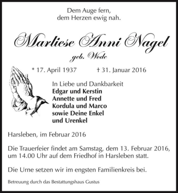 Traueranzeige von Marliese Anni Nagel (geb. Wode)  von Magdeburger Volksstimme