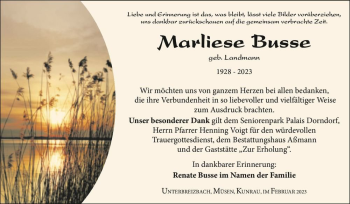 Traueranzeige von Marliese Busse (geb. Landmann)  von Magdeburger Volksstimme