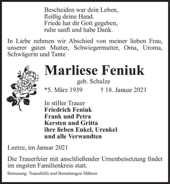 Traueranzeige von Marliese Feniuk (geb. Schulze)  von Magdeburger Volksstimme