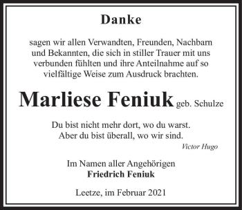 Traueranzeige von Marliese Feniuk (geb. Schulze)  von Magdeburger Volksstimme