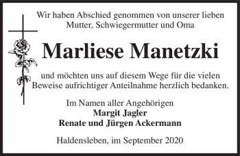 Traueranzeige von Marliese Manetzki  von Magdeburger Volksstimme