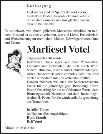 Traueranzeige von Marliesel Votel  von Magdeburger Volksstimme
