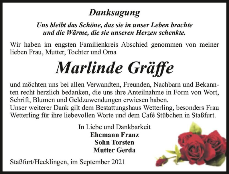 Traueranzeige für Marlinde Gräffe  vom 09.10.2021 aus Magdeburger Volksstimme