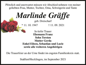 Traueranzeige von Marlinde Gräffe (geb. Dreischarf)  von Magdeburger Volksstimme