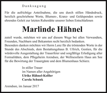 Traueranzeige von Marlinde Hähnel  von Magdeburger Volksstimme