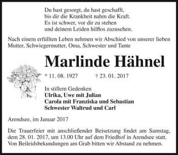 Traueranzeige von Marlinde Hähnel  von Magdeburger Volksstimme