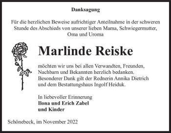 Traueranzeige von Marlinde Reiske  von Magdeburger Volksstimme