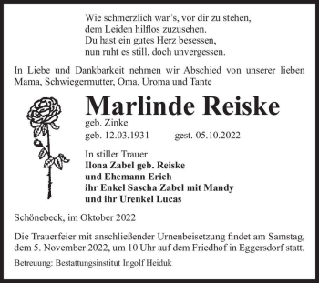 Traueranzeige von Marlinde Reiske (geb. Zinke)  von Magdeburger Volksstimme