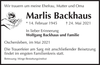 Traueranzeige von Marlis Backhaus  von Magdeburger Volksstimme