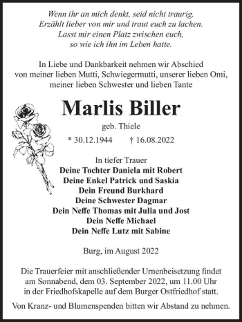 Traueranzeige von Marlis Biller (geb. Thiele)  von Magdeburger Volksstimme