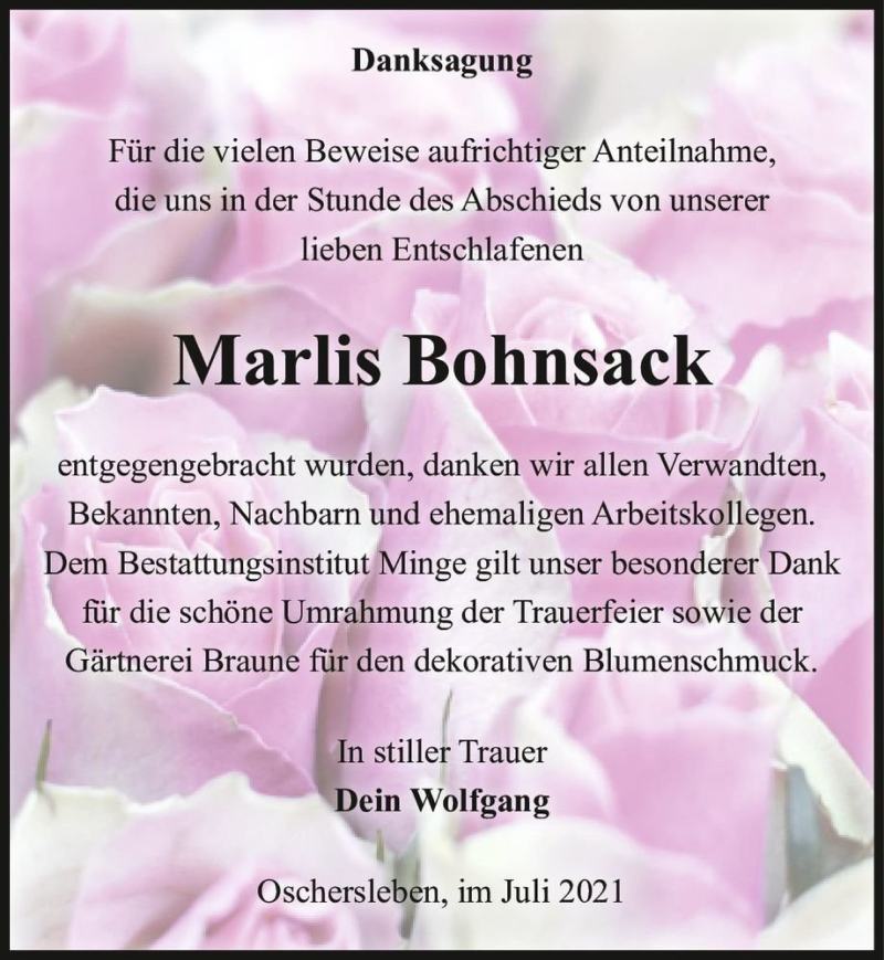  Traueranzeige für Marlis Bohnsack  vom 14.07.2021 aus Magdeburger Volksstimme