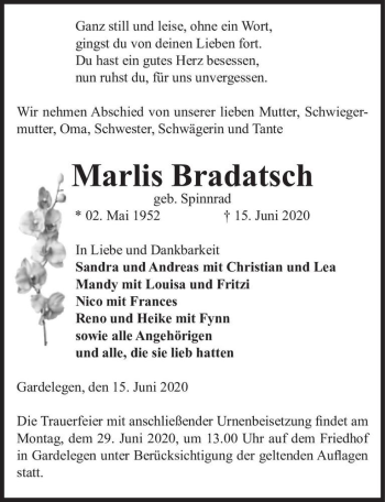 Traueranzeige von Marlis Bradatsch (geb. Spinnrad)  von Magdeburger Volksstimme