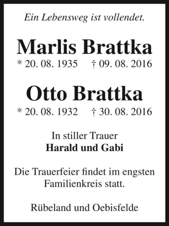 Traueranzeige von Marlis Brattka  von Magdeburger Volksstimme
