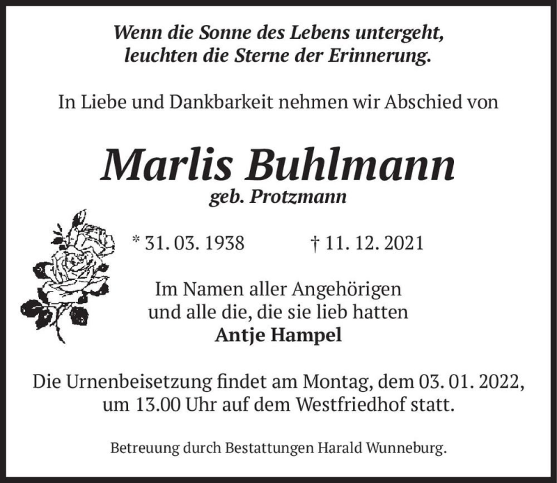  Traueranzeige für Marlis Buhlmann (geb. Protzmann)  vom 18.12.2021 aus Magdeburger Volksstimme