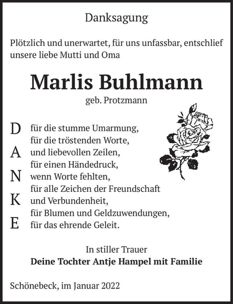  Traueranzeige für Marlis Buhlmann (geb. Protzmann)  vom 08.01.2022 aus Magdeburger Volksstimme