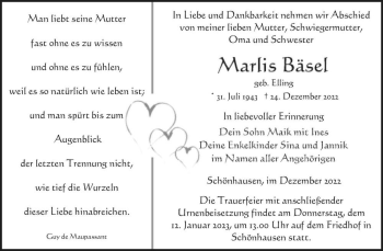 Traueranzeige von Marlis Bäsel (geb. Elling)  von Magdeburger Volksstimme
