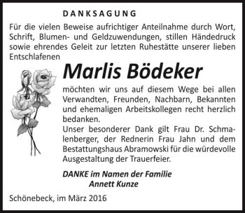 Traueranzeige von Marlis Bödeker  von Magdeburger Volksstimme
