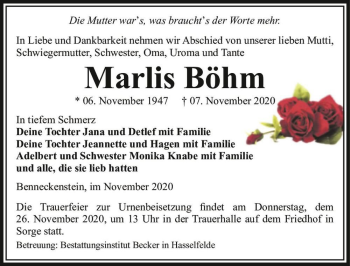 Traueranzeige von Marlis Böhm  von Magdeburger Volksstimme