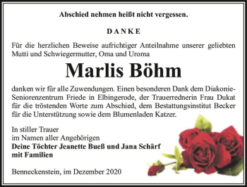 Traueranzeige von Marlis Böhm  von Magdeburger Volksstimme