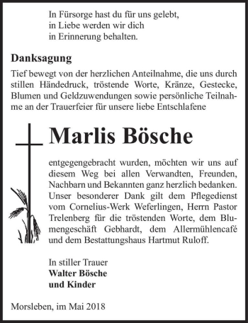 Traueranzeige von Marlis Bösche  von Magdeburger Volksstimme