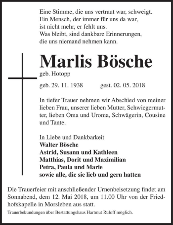 Traueranzeige von Marlis Bösche (geb. Hotopp)  von Magdeburger Volksstimme