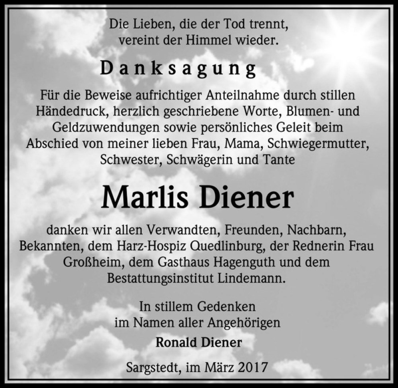  Traueranzeige für Marlis Diener  vom 08.04.2017 aus Magdeburger Volksstimme