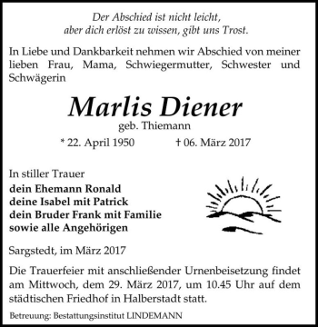 Traueranzeige von Marlis Diener (geb. Thiemann)  von Magdeburger Volksstimme