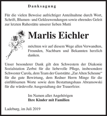 Traueranzeige von Marlis Eichler  von Magdeburger Volksstimme