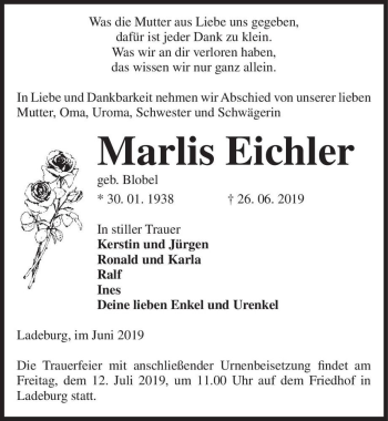 Traueranzeige von Marlis Eichler (geb. Blobel)  von Magdeburger Volksstimme