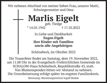 Traueranzeige von Marlis Eigelt (geb. Tiedge)  von Magdeburger Volksstimme