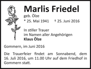 Traueranzeige von Marlis Friedel (geb. Ölze)  von Magdeburger Volksstimme
