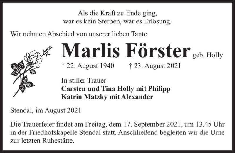  Traueranzeige für Marlis Förster (geb. Holly)  vom 28.08.2021 aus Magdeburger Volksstimme