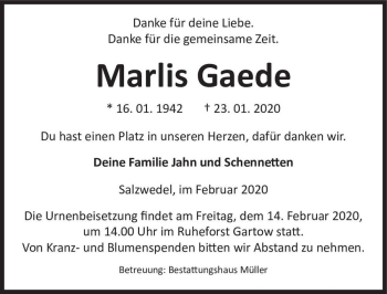 Traueranzeige von Marlis Gaede  von Magdeburger Volksstimme