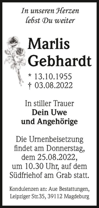 Traueranzeige von Marlis Gebhardt  von Magdeburger Volksstimme