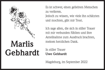 Traueranzeige von Marlis Gebhardt  von Magdeburger Volksstimme
