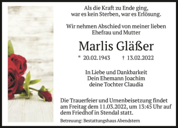 Traueranzeige von Marlis Gläßer  von Magdeburger Volksstimme