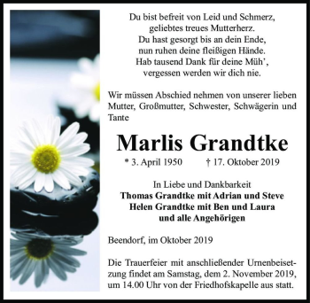 Traueranzeige von Marlis Grandtke  von Magdeburger Volksstimme