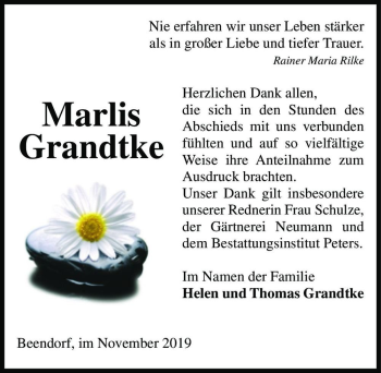 Traueranzeige von Marlis Grandtke  von Magdeburger Volksstimme