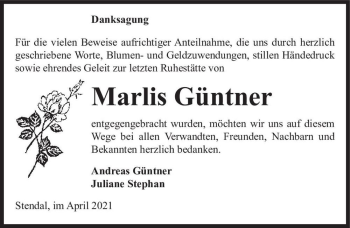 Traueranzeige von Marlis Güntner  von Magdeburger Volksstimme