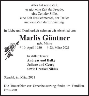Traueranzeige von Marlis Güntner (geb. Minte)  von Magdeburger Volksstimme