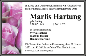 Traueranzeige von Marlis Hartung (geb. Freitag)  von Magdeburger Volksstimme