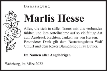 Traueranzeige von Marlis Hesse  von Magdeburger Volksstimme
