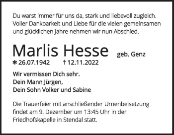 Traueranzeige von Marlis Hesse (geb. Genz)  von Magdeburger Volksstimme
