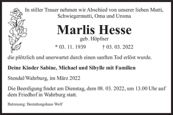 Traueranzeige von Marlis Hesse (geb. Höpfner)  von Magdeburger Volksstimme