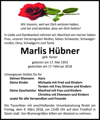 Traueranzeige von Marlis Hübner (geb. Kaiser)  von Magdeburger Volksstimme