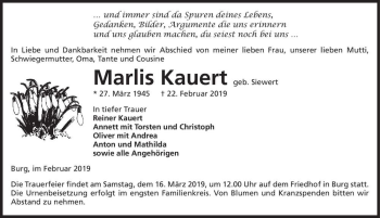 Traueranzeige von Marlis Kauert  von Magdeburger Volksstimme
