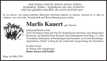 Traueranzeige von Marlis Kauert (geb. Siewert)  von Magdeburger Volksstimme