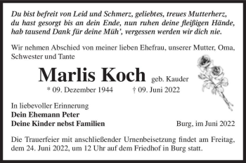 Traueranzeige von Marlis Koch (geb. Kauder)  von Magdeburger Volksstimme