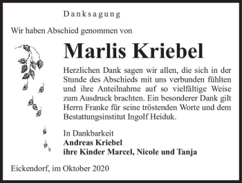 Traueranzeige von Marlis Kriebel  von Magdeburger Volksstimme